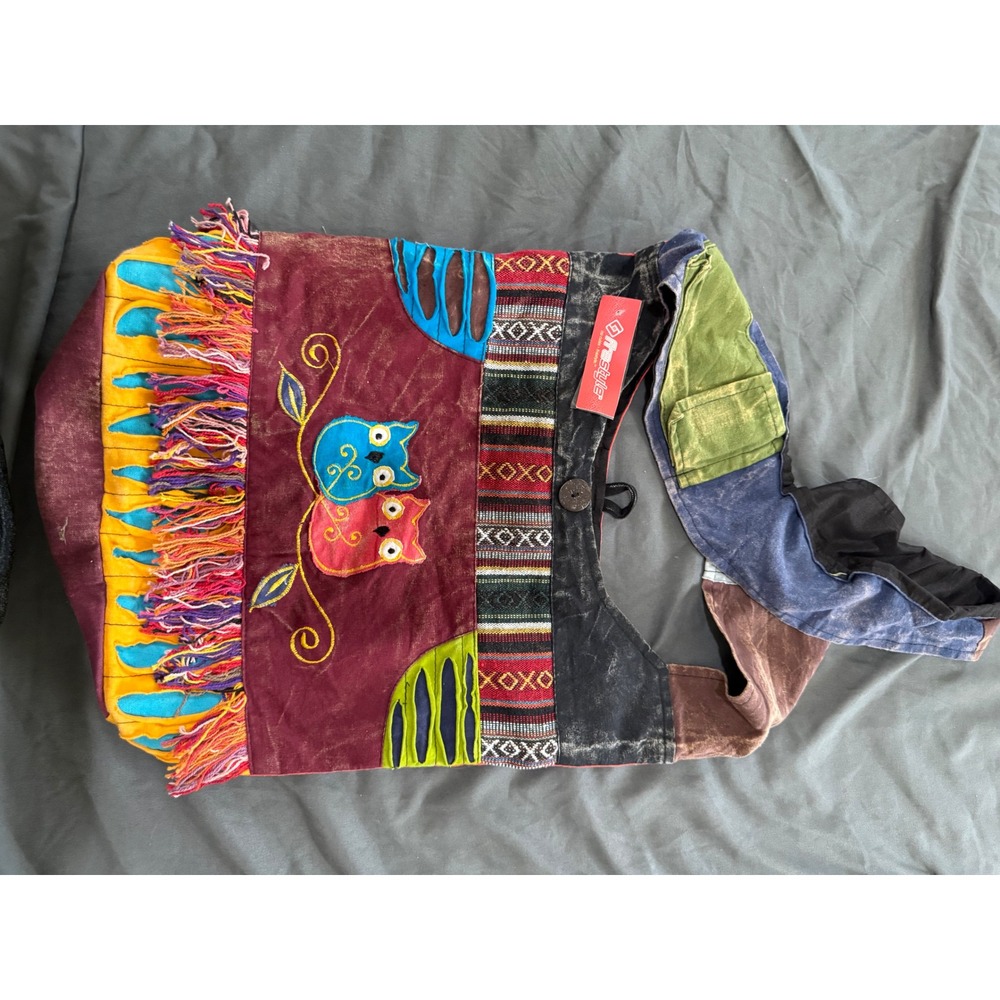 Freestyle Nepal Patchwork Hobo Bag Owl Embroidery Fringe Boho Cotton ShoulderBag
